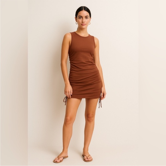 Good American Dresses & Skirts - NWT Good American Ruched Tank Dress Brown Tortoise Shell Organic Cotton Size 4